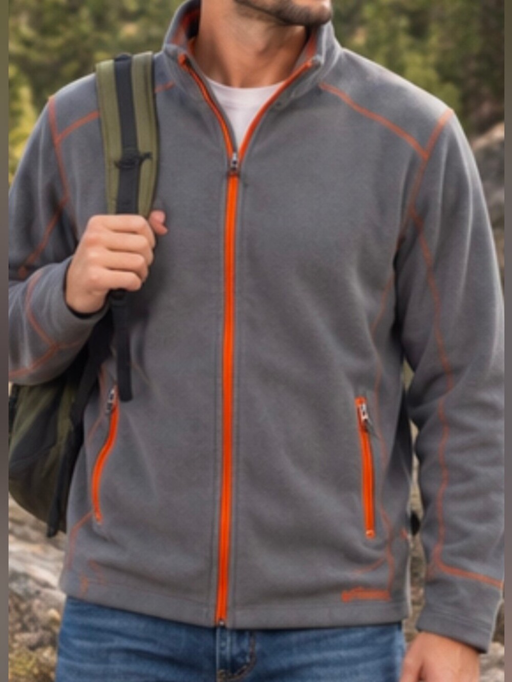 Double Diamond Gray Full Zip Fleece Jacket Large Orange Trim Zip Pocket Outdoor